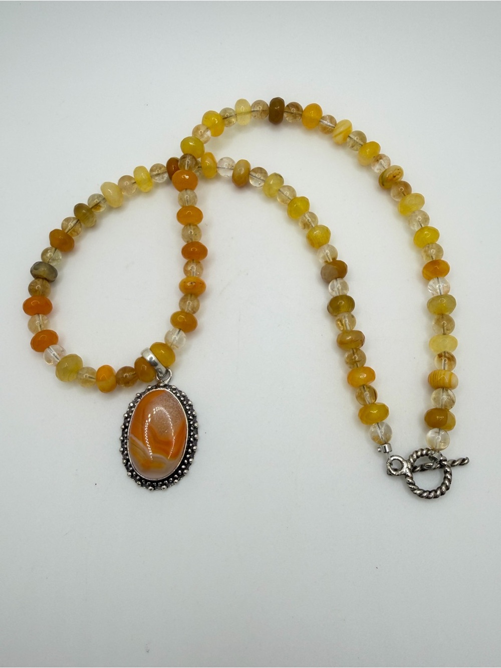 ~20" Silver plated, dyed agate pendant w/ calcite and citrine beaded necklace!